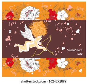 On a Valentine's day card, Cupid is a side view, he pulled on a teteva. In the hands of a bow and arrows, and around him flowers, hearts.