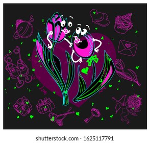 On a Valentine's day card, there are two tulips of lovers, around a bunch of items, gifts, hearts, a key, a cake, a flower, a ring.
