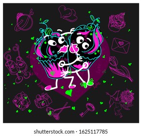 On a Valentine's day card, two cupcakes in love, around a bunch of items, gifts, hearts, a key, a cake, a flower, a ring.