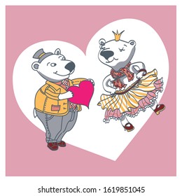 On a Valentine's day card, a white bear gives his beloved a heart.