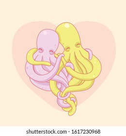 On Valentine's Day, two cute happy octopuses in pastel pink and green colors hug on the background of a big heart