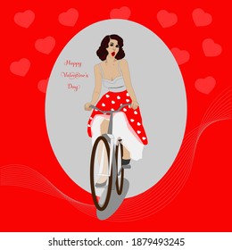 On Valentine's Day, a woman rides a bicycle. Vector illustration in retro style. Suitable for postcards, posters, flyers for Valentine's Day. A woman in retro style in a dress on a bicycle sings.
