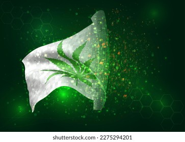 Сannabis, on vector 3d flag on green background with polygons and data numbers