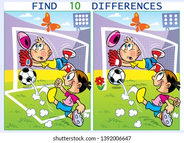 On vector illustration children play football. Puzzle find ten differences in the pictures of sports.