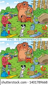 On vector illustration puzzle with animals and photo hunters. Need to find 15 differences in the pictures
