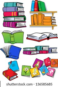 on vector illustration shows some types of books. Objects isolated on a white background, on separate layers, in a cartoon style.