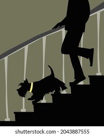 On a walk with a Scotch Terrier. Steps. Man. Dog. Vector image for prints, poster and illustrations.