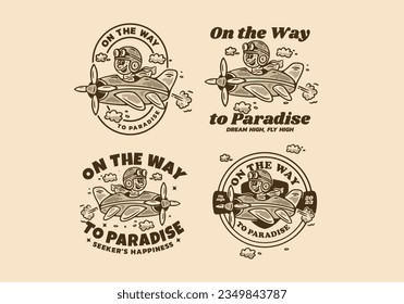 On the way to paradise, Four type Mascot character illustration of a little boy driving a plane, in vintage style