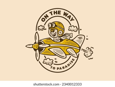 On the way to paradise, Mascot character illustration of a little boy driving a plane, in vintage style