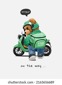 sobre el camino eslogan con entrega de alimentos para muñecas de oso y ilustración de vector scooter