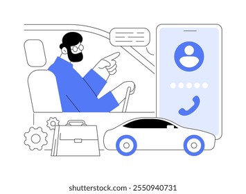 En el camino al trabajo Ilustraciones vectoriales de dibujos animados aislados. El hombre apresurado hace una llamada de manos libres en el camino al trabajo, montando en un coche, estilo de vida de la gente, dibujos animados de Vector de rutina diaria.