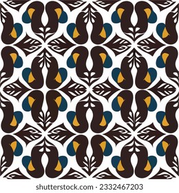 On a white backdrop, an art nouveau inspired pattern features black and yellow motifs. The seamless design exhibits art deco elements, resulting in a captivating pattern.