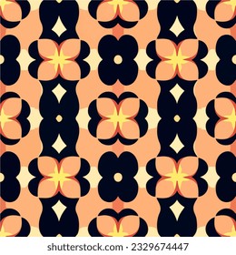 On a white backdrop, an eye catching orange and black flower pattern forms a lively, neon floral design in a repeating fabric pattern.