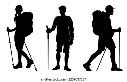 On a white backdrop, vector silhouettes of individuals hiking with backpacks.	