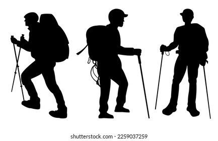 On a white backdrop, vector silhouettes of individuals hiking with backpacks.	