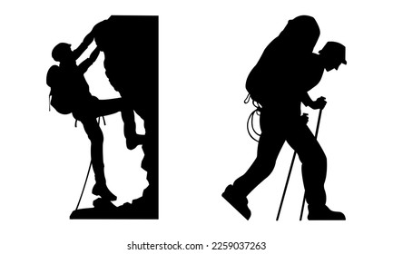 On a white backdrop, vector silhouettes of individuals hiking with backpacks.	