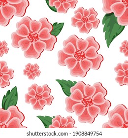 On a white background abstract flowers of pink color, green leaves. Seamless pattern. Backgrounds pattern. Wallpaper.