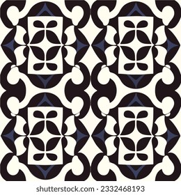 On a white background, an art deco pattern in black and white showcases seamless pattern symmetry. The intricate design resembles patterned tilework, adding elegance to any setting.