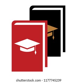On a white background, a black and red vector book is depicted, with a decor from a square academic cap in white and gold.