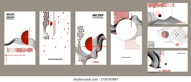 En un fondo blanco, elementos de color negro y rojo diseño de afiches plantillas de estilo japonés establecen invitaciones a líneas de fondo abstracto. Conjunto de vectores de stock