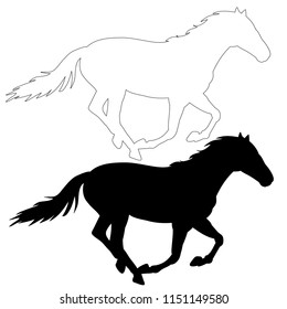 on white background, black silhouette horse running