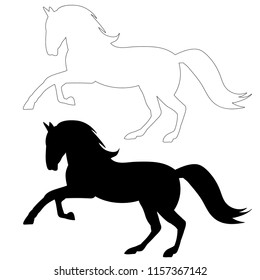 on white background, black silhouette of running horse