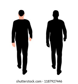 on white background, black silhouette man is walking, rear view