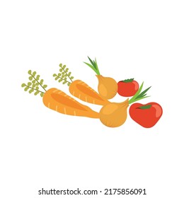 On a white background, carrots, tomatoes, and onions