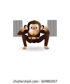 On a white background cartoon monkey is engaged with the rod. Vector illustration
