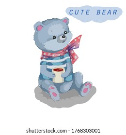 En un fondo blanco, un oso lindo. Gráfica acuarela para tela, postal, tarjeta de saludo, libro, afiche, camiseta. Ilustración, objetos de aislamiento.