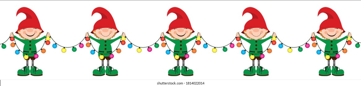 on a white background cute funny elves in green suits are holding a long multi-colored Christmas garland, vector illustration