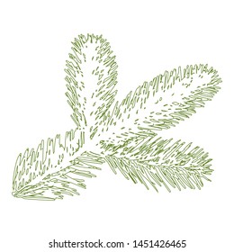 On a white background is depicted a green outline Christmas fir branch, in the vector.