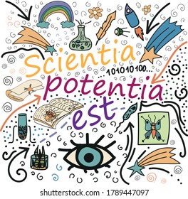 On a white background doodle drawings with text in latin, knowledge is power, lettering