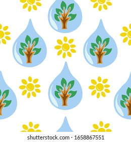En un fondo blanco gotas de agua caen y un árbol crece en una gota,sol amarillo.Gráficos vectoriales.Fondos y texturas.Naturaleza.