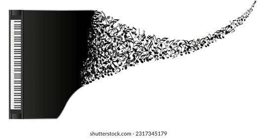 On a white background, a grand piano that turns into a garland of musical notes.