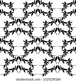 on a white background graphic black ornament with floral elements, knitting of twigs and leaves, modern endless ornament
