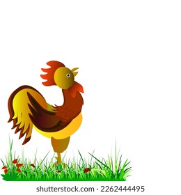 On a white background in the grass with strawberries and ladybugs stands a beautiful bright cockerel.