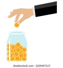 On a white background, the hand of a businessman is depicted who throws a dollar coin into a full jar of coins.