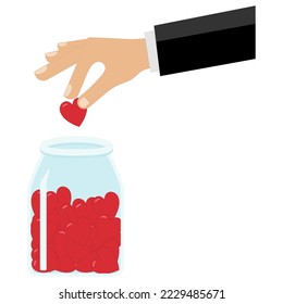 En un fondo blanco, se representa la mano de un hombre que arroja un corazón a un frasco lleno de corazones.