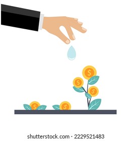 On a white background is a hand that waters the money dollar tree, in vector.