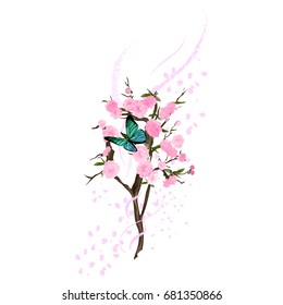 On white background isolated sakura butterfly flowers pink