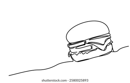 On a white background, the lines of the hamburger are shaped with just one continuous line. A minimalist approach and a unique drawing style create a simple aesthetic.