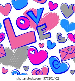 On a white background metaphor to Valentines day, romantic, art feeling. Vector seamless pattern hand painted concept with hearts, love label and letter in magenta, blue and pink colors.