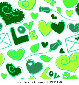On a white background metaphor to Valentines day, romantic, art feeling. Vector seamless pattern hand painted concept with hearts, flower, love label and letter in green and white colors.