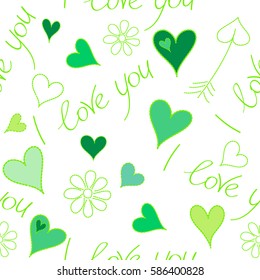 On a white background metaphor to Valentines day, romantic, art feeling. Vector seamless pattern hand painted concept with hearts, flower and love label in green colors.