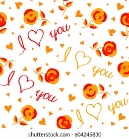 On a white background metaphor to Valentines day, romantic, art feeling. Vector seamless pattern hand painted concept with hearts, flower, love label in red, orange and yellow colors.