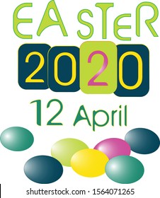 On a white background multicolored eggs and the inscription `Easter 2020 12 April`. Can be used for printing on a screwdriver.