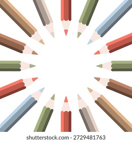 Sobre un fondo blanco, los lápices multicolores están dispuestos en un círculo con sus puntas apuntando hacia el centro, creando una composición que se asemeja a un círculo de sol o un arco iris.