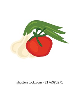 On a white background, onions and tomatoes