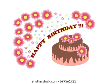 On a white  background painted flowers and cake. In the middle of the picture is the inscription Happy birthday strewn with stars.